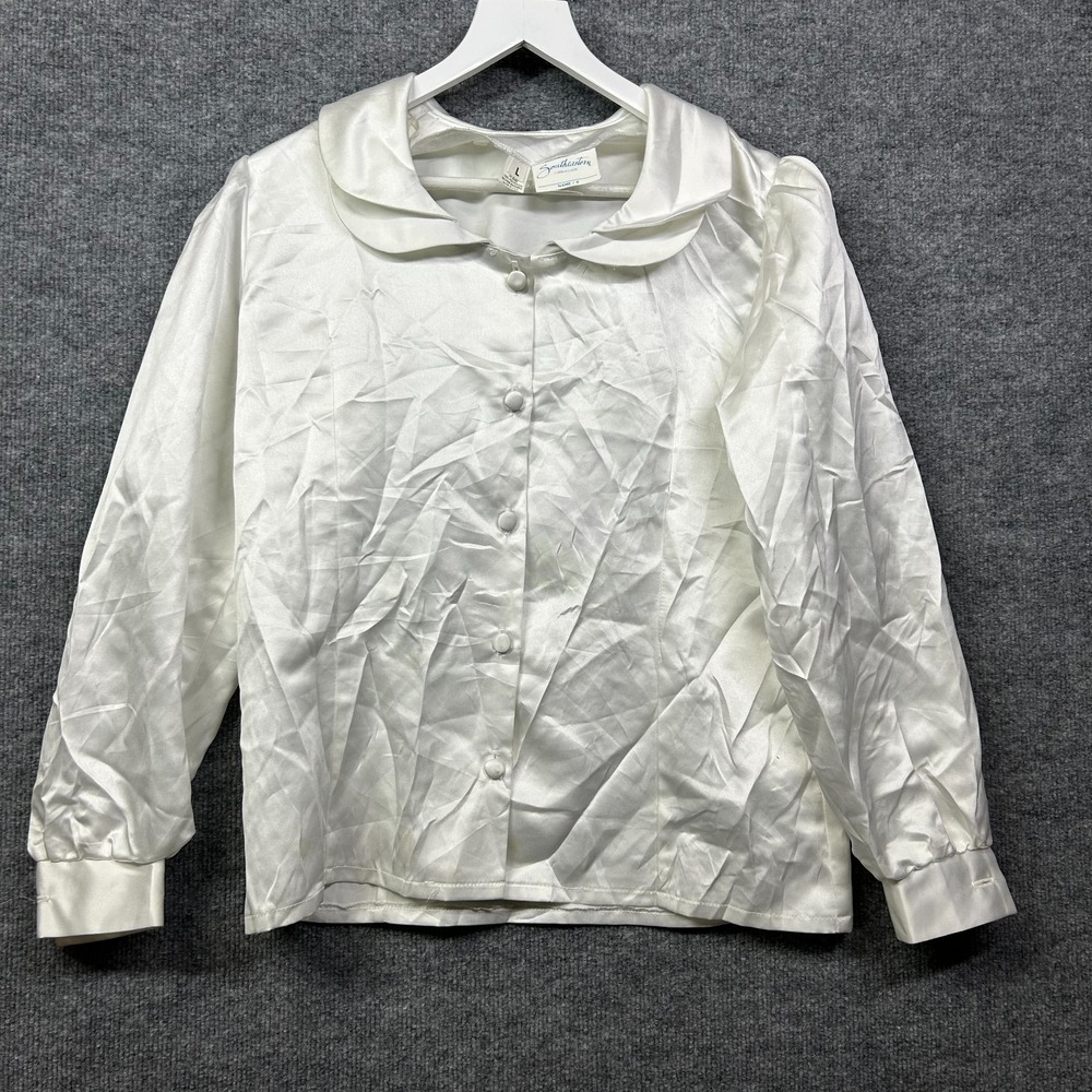 VTG Southeastern Blouse Ivory Satin Peter Pan Collar Button Top USA Made - Large